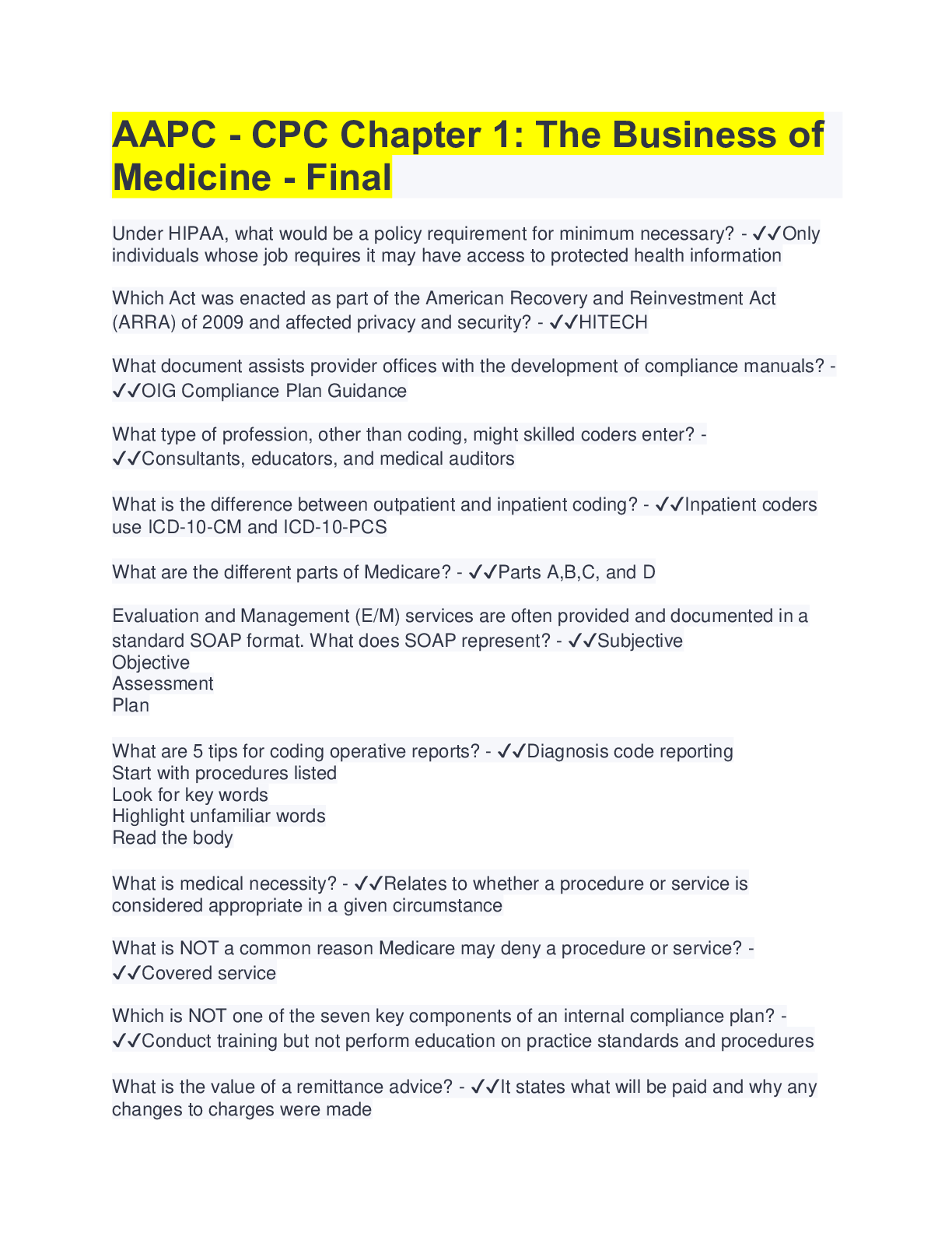 Preview image for AAPC - CPC Chapter 1: The Business of Medicine - Final(questions&answers)